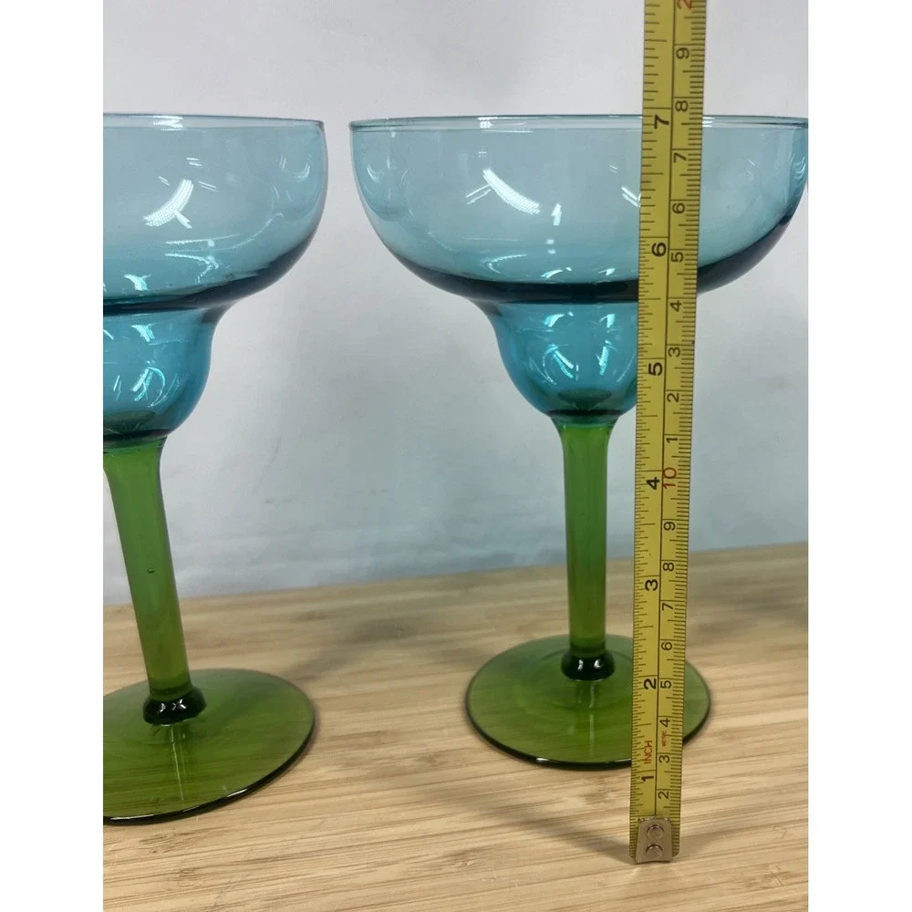 Vintage Margarita Glasses. Set Of 2 Turquoise Blue Bowl Emerald Green Stem 7
